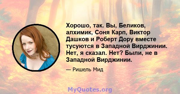 Хорошо, так. Вы, Беликов, алхимик, Соня Карп, Виктор Дашков и Роберт Дору вместе тусуются в Западной Вирджинии. Нет, я сказал. Нет? Были, не в Западной Вирджинии.