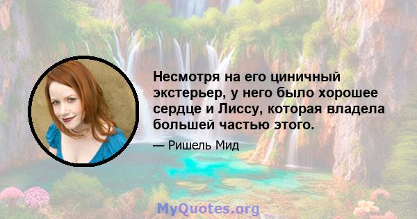 Несмотря на его циничный экстерьер, у него было хорошее сердце и Лиссу, которая владела большей частью этого.