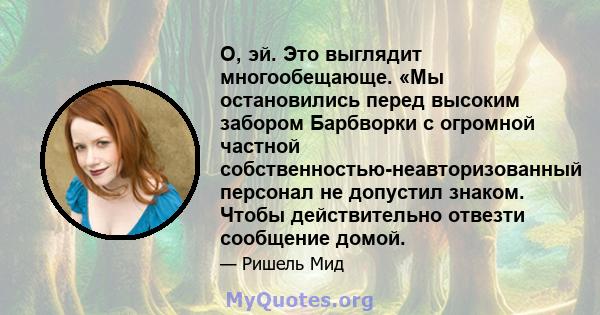 О, эй. Это выглядит многообещающе. «Мы остановились перед высоким забором Барбворки с огромной частной собственностью-неавторизованный персонал не допустил знаком. Чтобы действительно отвезти сообщение домой.