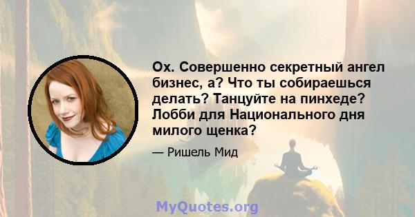 Ох. Совершенно секретный ангел бизнес, а? Что ты собираешься делать? Танцуйте на пинхеде? Лобби для Национального дня милого щенка?