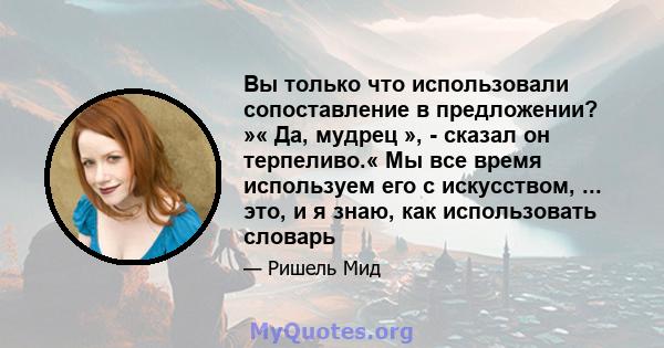 Вы только что использовали сопоставление в предложении? »« Да, мудрец », - сказал он терпеливо.« Мы все время используем его с искусством, ... это, и я знаю, как использовать словарь