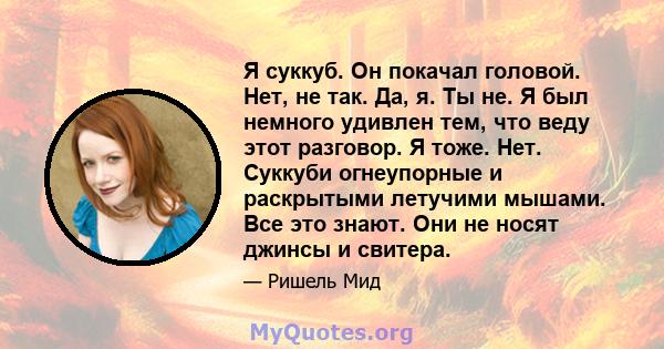 Я суккуб. Он покачал головой. Нет, не так. Да, я. Ты не. Я был немного удивлен тем, что веду этот разговор. Я тоже. Нет. Суккуби огнеупорные и раскрытыми летучими мышами. Все это знают. Они не носят джинсы и свитера.