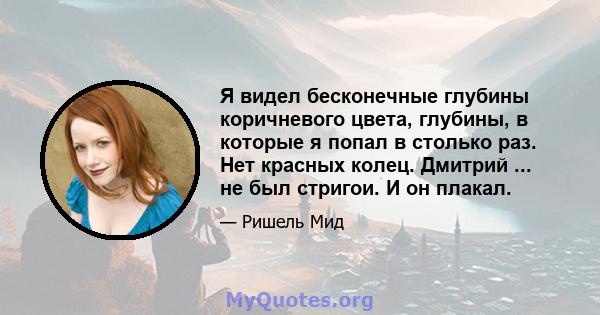 Я видел бесконечные глубины коричневого цвета, глубины, в которые я попал в столько раз. Нет красных колец. Дмитрий ... не был стригои. И он плакал.