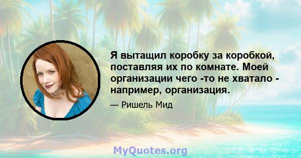 Я вытащил коробку за коробкой, поставляя их по комнате. Моей организации чего -то не хватало - например, организация.