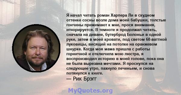 Я начал читать роман Харпера Ли в скудном оттенке сосны возле дома моей бабушки, толстые гончины прижимают к мне, прося внимания, игнорируется. В темноте я продолжал читать, сначала на диване, бутерброд Болоньи в одной