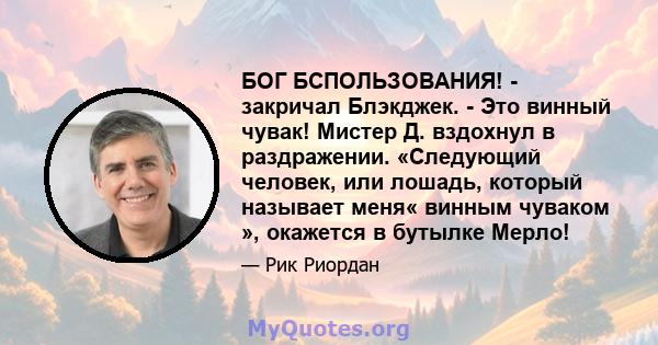 БОГ БСПОЛЬЗОВАНИЯ! - закричал Блэкджек. - Это винный чувак! Мистер Д. вздохнул в раздражении. «Следующий человек, или лошадь, который называет меня« винным чуваком », окажется в бутылке Мерло!