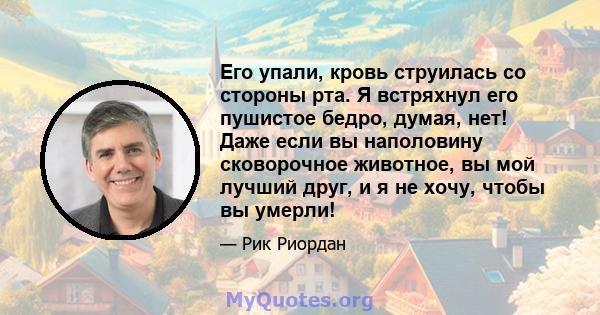 Его упали, кровь струилась со стороны рта. Я встряхнул его пушистое бедро, думая, нет! Даже если вы наполовину сковорочное животное, вы мой лучший друг, и я не хочу, чтобы вы умерли!