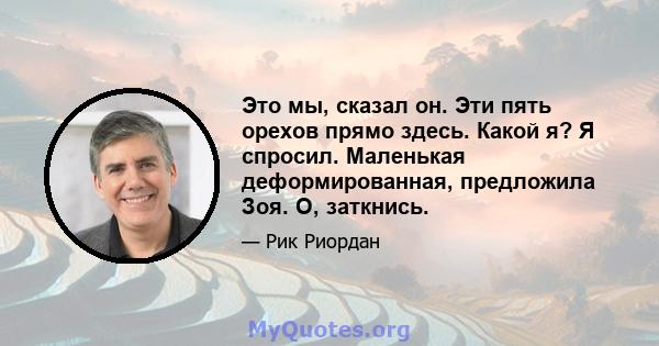 Это мы, сказал он. Эти пять орехов прямо здесь. Какой я? Я спросил. Маленькая деформированная, предложила Зоя. О, заткнись.