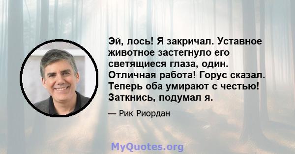 Эй, лось! Я закричал. Уставное животное застегнуло его светящиеся глаза, один. Отличная работа! Горус сказал. Теперь оба умирают с честью! Заткнись, подумал я.