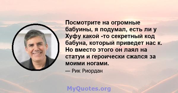 Посмотрите на огромные бабуины, я подумал, есть ли у Хуфу какой -то секретный код бабуна, который приведет нас к. Но вместо этого он лаял на статуи и героически сжался за моими ногами.