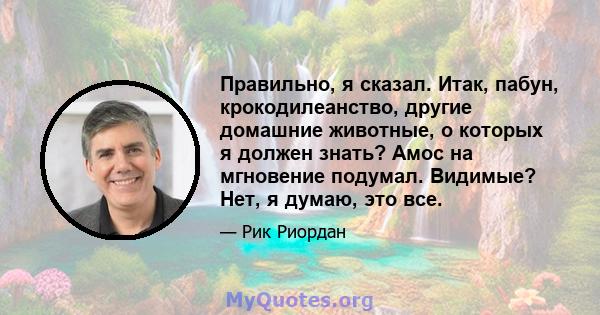 Правильно, я сказал. Итак, пабун, крокодилеанство, другие домашние животные, о которых я должен знать? Амос на мгновение подумал. Видимые? Нет, я думаю, это все.