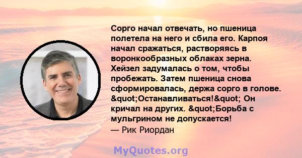 Сорго начал отвечать, но пшеница полетела на него и сбила его. Карпоя начал сражаться, растворяясь в воронкообразных облаках зерна. Хейзел задумалась о том, чтобы пробежать. Затем пшеница снова сформировалась, держа