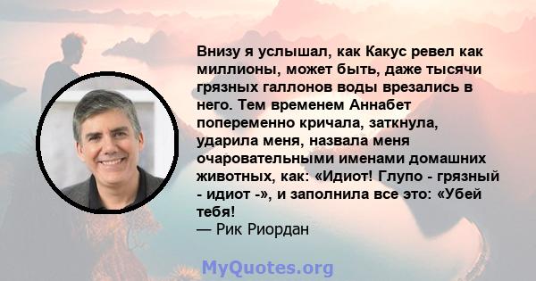 Внизу я услышал, как Какус ревел как миллионы, может быть, даже тысячи грязных галлонов воды врезались в него. Тем временем Аннабет попеременно кричала, заткнула, ударила меня, назвала меня очаровательными именами