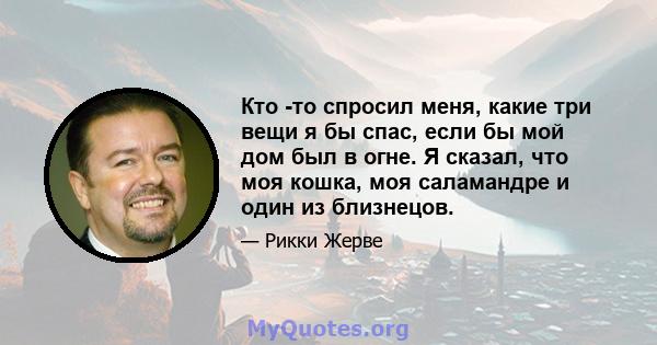 Кто -то спросил меня, какие три вещи я бы спас, если бы мой дом был в огне. Я сказал, что моя кошка, моя саламандре и один из близнецов.