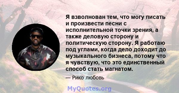 Я взволнован тем, что могу писать и произвести песни с исполнительной точки зрения, а также деловую сторону и политическую сторону. Я работаю под углами, когда дело доходит до музыкального бизнеса, потому что я