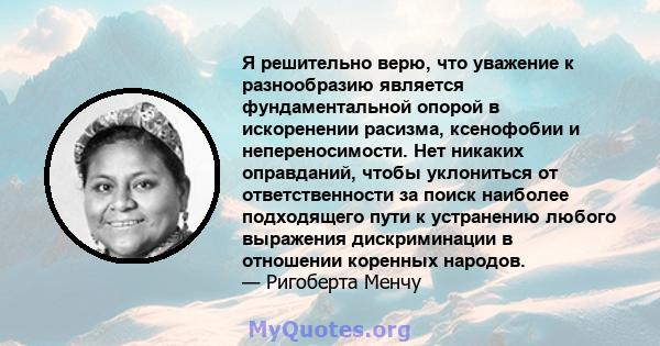 Я решительно верю, что уважение к разнообразию является фундаментальной опорой в искоренении расизма, ксенофобии и непереносимости. Нет никаких оправданий, чтобы уклониться от ответственности за поиск наиболее