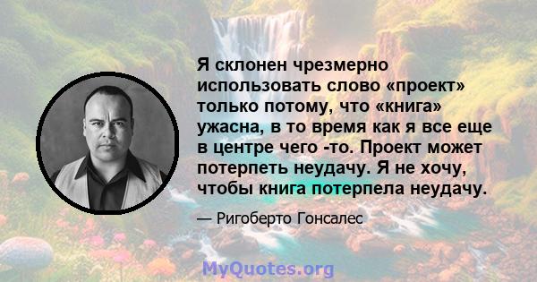 Я склонен чрезмерно использовать слово «проект» только потому, что «книга» ужасна, в то время как я все еще в центре чего -то. Проект может потерпеть неудачу. Я не хочу, чтобы книга потерпела неудачу.