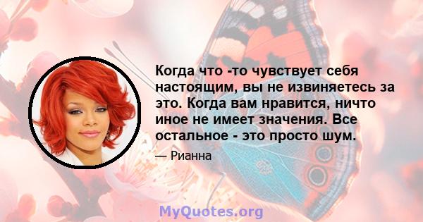 Когда что -то чувствует себя настоящим, вы не извиняетесь за это. Когда вам нравится, ничто иное не имеет значения. Все остальное - это просто шум.