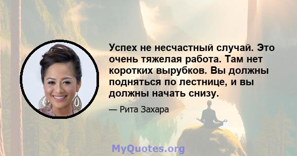 Успех не несчастный случай. Это очень тяжелая работа. Там нет коротких вырубков. Вы должны подняться по лестнице, и вы должны начать снизу.