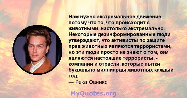 Нам нужно экстремальное движение, потому что то, что происходит с животными, настолько экстремально. Некоторые дезинформированные люди утверждают, что активисты по защите прав животных являются террористами, но эти люди 