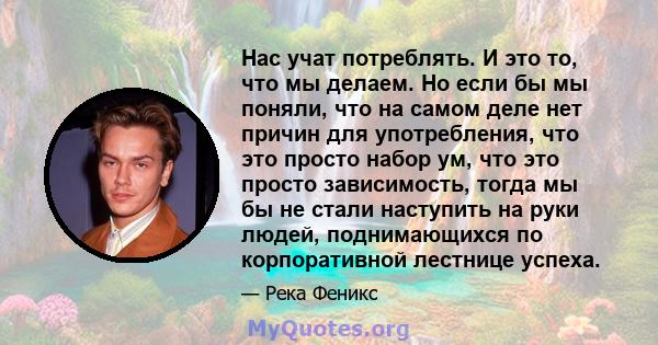 Нас учат потреблять. И это то, что мы делаем. Но если бы мы поняли, что на самом деле нет причин для употребления, что это просто набор ум, что это просто зависимость, тогда мы бы не стали наступить на руки людей,