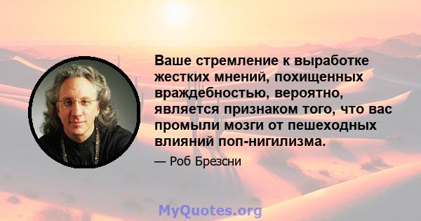 Ваше стремление к выработке жестких мнений, похищенных враждебностью, вероятно, является признаком того, что вас промыли мозги от пешеходных влияний поп-нигилизма.