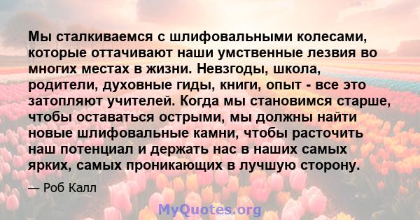 Мы сталкиваемся с шлифовальными колесами, которые оттачивают наши умственные лезвия во многих местах в жизни. Невзгоды, школа, родители, духовные гиды, книги, опыт - все это затопляют учителей. Когда мы становимся