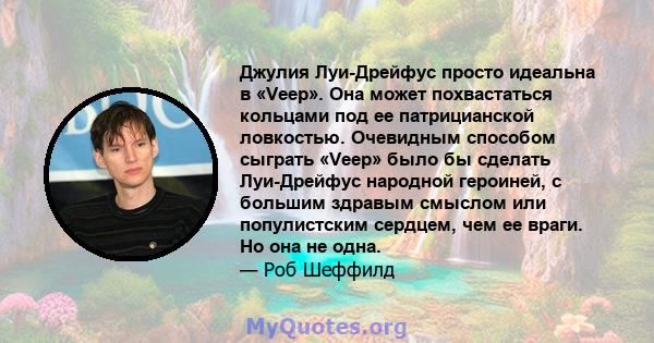 Джулия Луи-Дрейфус просто идеальна в «Veep». Она может похвастаться кольцами под ее патрицианской ловкостью. Очевидным способом сыграть «Veep» было бы сделать Луи-Дрейфус народной героиней, с большим здравым смыслом или 