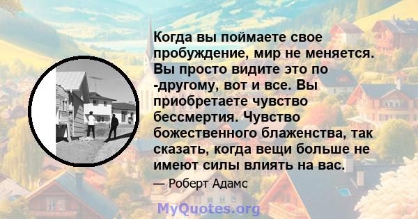 Когда вы поймаете свое пробуждение, мир не меняется. Вы просто видите это по -другому, вот и все. Вы приобретаете чувство бессмертия. Чувство божественного блаженства, так сказать, когда вещи больше не имеют силы влиять 