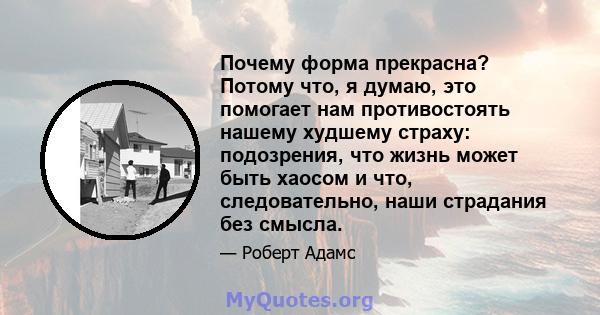 Почему форма прекрасна? Потому что, я думаю, это помогает нам противостоять нашему худшему страху: подозрения, что жизнь может быть хаосом и что, следовательно, наши страдания без смысла.