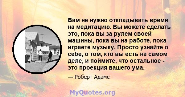 Вам не нужно откладывать время на медитацию. Вы можете сделать это, пока вы за рулем своей машины, пока вы на работе, пока играете музыку. Просто узнайте о себе, о том, кто вы есть на самом деле, и поймите, что