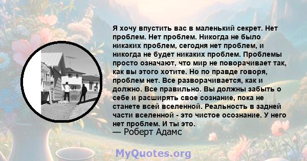 Я хочу впустить вас в маленький секрет. Нет проблем. Нет проблем. Никогда не было никаких проблем, сегодня нет проблем, и никогда не будет никаких проблем. Проблемы просто означают, что мир не поворачивает так, как вы