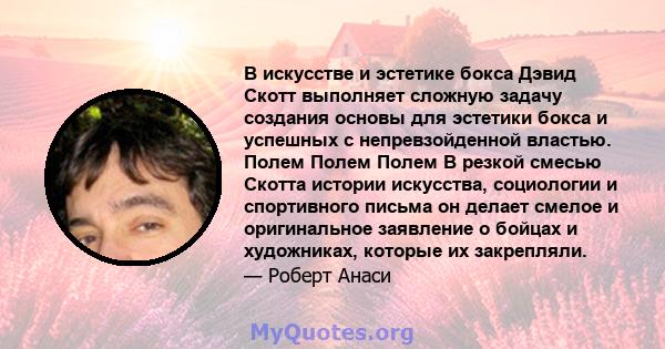 В искусстве и эстетике бокса Дэвид Скотт выполняет сложную задачу создания основы для эстетики бокса и успешных с непревзойденной властью. Полем Полем Полем В резкой смесью Скотта истории искусства, социологии и