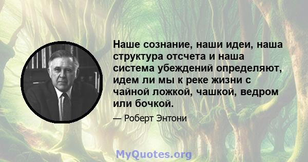 Наше сознание, наши идеи, наша структура отсчета и наша система убеждений определяют, идем ли мы к реке жизни с чайной ложкой, чашкой, ведром или бочкой.