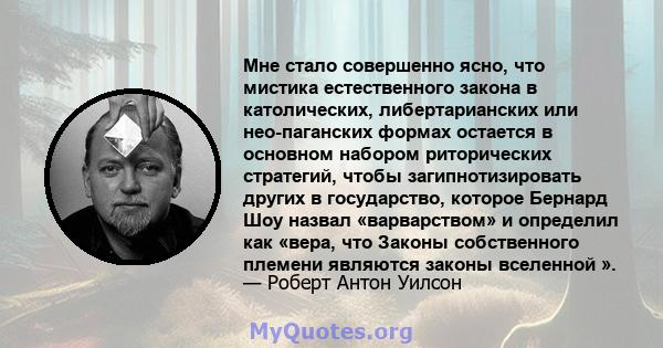 Мне стало совершенно ясно, что мистика естественного закона в католических, либертарианских или нео-паганских формах остается в основном набором риторических стратегий, чтобы загипнотизировать других в государство,