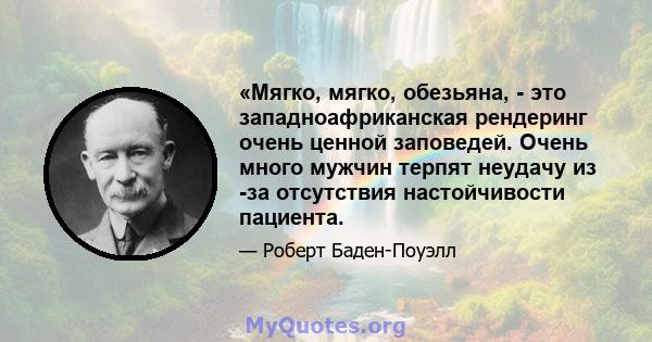 «Мягко, мягко, обезьяна, - это западноафриканская рендеринг очень ценной заповедей. Очень много мужчин терпят неудачу из -за отсутствия настойчивости пациента.