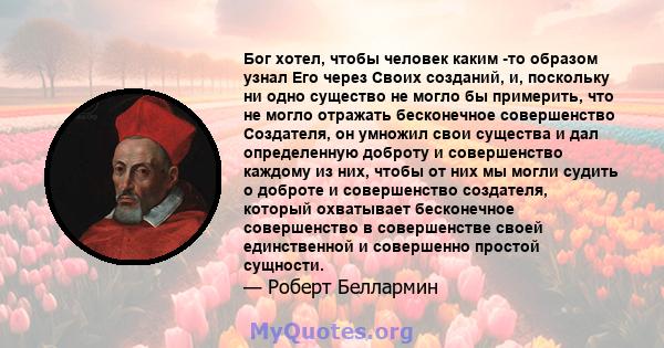 Бог хотел, чтобы человек каким -то образом узнал Его через Своих созданий, и, поскольку ни одно существо не могло бы примерить, что не могло отражать бесконечное совершенство Создателя, он умножил свои существа и дал