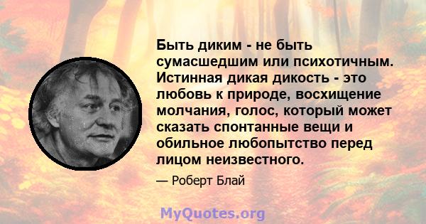 Быть диким - не быть сумасшедшим или психотичным. Истинная дикая дикость - это любовь к природе, восхищение молчания, голос, который может сказать спонтанные вещи и обильное любопытство перед лицом неизвестного.