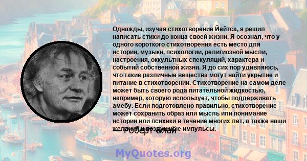 Однажды, изучая стихотворение Йейтса, я решил написать стихи до конца своей жизни. Я осознал, что у одного короткого стихотворения есть место для истории, музыки, психологии, религиозной мысли, настроения, оккультных