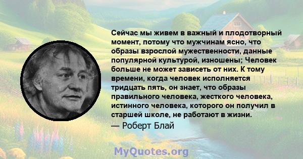 Сейчас мы живем в важный и плодотворный момент, потому что мужчинам ясно, что образы взрослой мужественности, данные популярной культурой, изношены; Человек больше не может зависеть от них. К тому времени, когда человек 