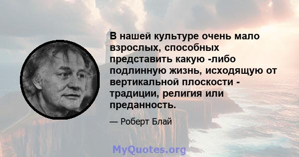 В нашей культуре очень мало взрослых, способных представить какую -либо подлинную жизнь, исходящую от вертикальной плоскости - традиции, религия или преданность.