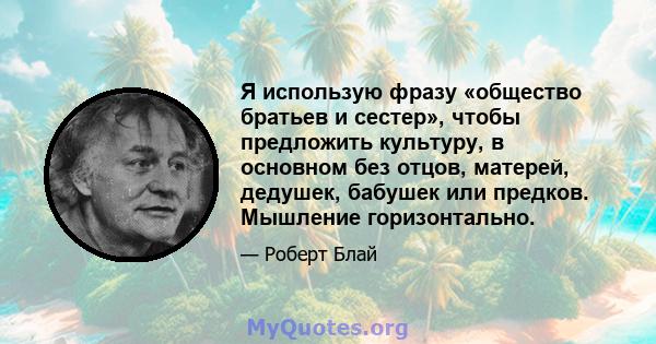 Я использую фразу «общество братьев и сестер», чтобы предложить культуру, в основном без отцов, матерей, дедушек, бабушек или предков. Мышление горизонтально.