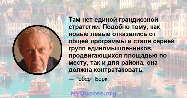 Там нет единой грандиозной стратегии. Подобно тому, как новые левые отказались от общей программы и стали серией групп единомышленников, продвигающихся площадью по месту, так и для района, она должна контратаковать.