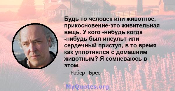 Будь то человек или животное, прикосновение-это живительная вещь. У кого -нибудь когда -нибудь был инсульт или сердечный приступ, в то время как уплотнялся с домашним животным? Я сомневаюсь в этом.