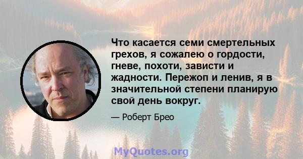 Что касается семи смертельных грехов, я сожалею о гордости, гневе, похоти, зависти и жадности. Пережоп и ленив, я в значительной степени планирую свой день вокруг.