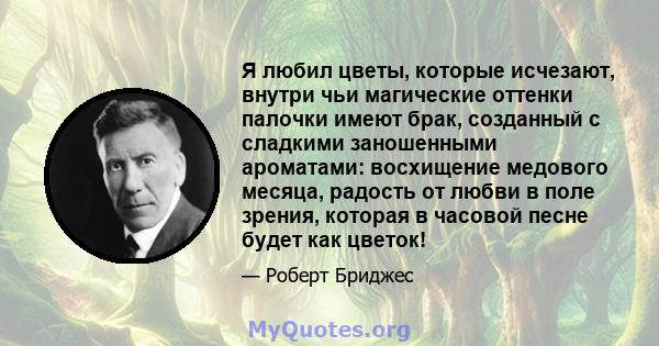 Я любил цветы, которые исчезают, внутри чьи магические оттенки палочки имеют брак, созданный с сладкими заношенными ароматами: восхищение медового месяца, радость от любви в поле зрения, которая в часовой песне будет