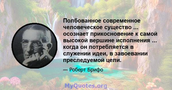 Полбованное современное человеческое существо ... осознает прикосновение к самой высокой вершине исполнения ... когда он потребляется в служении идеи, в завоевании преследуемой цели.