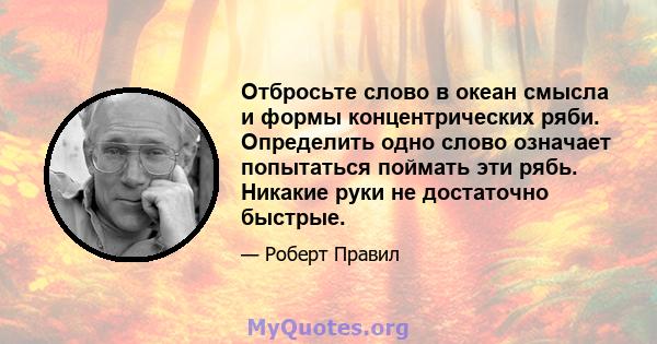 Отбросьте слово в океан смысла и формы концентрических ряби. Определить одно слово означает попытаться поймать эти рябь. Никакие руки не достаточно быстрые.