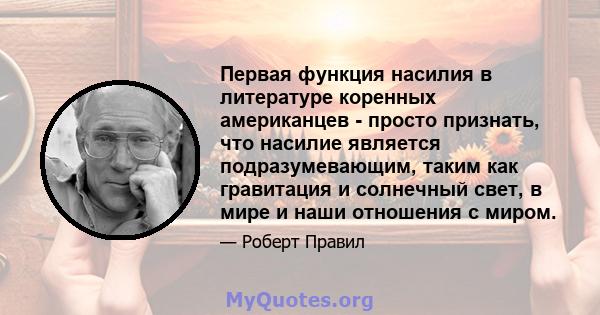 Первая функция насилия в литературе коренных американцев - просто признать, что насилие является подразумевающим, таким как гравитация и солнечный свет, в мире и наши отношения с миром.