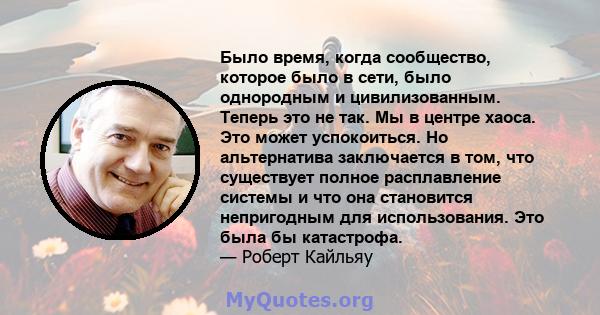 Было время, когда сообщество, которое было в сети, было однородным и цивилизованным. Теперь это не так. Мы в центре хаоса. Это может успокоиться. Но альтернатива заключается в том, что существует полное расплавление